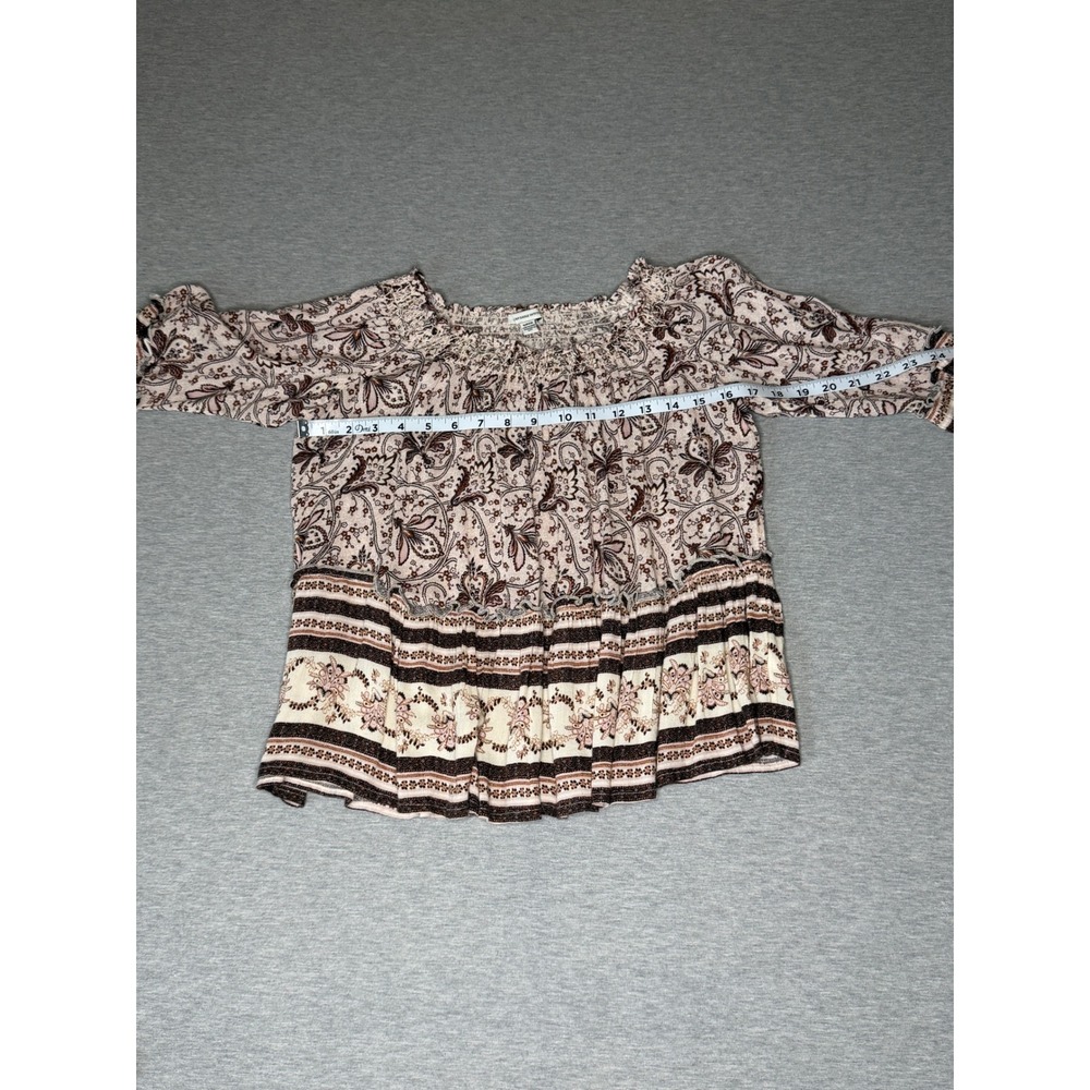 🍁American Eagle Boho Floral Off Shoulder Bell Sleeve Blouse Tan Brown Small - Picture 4 of 9